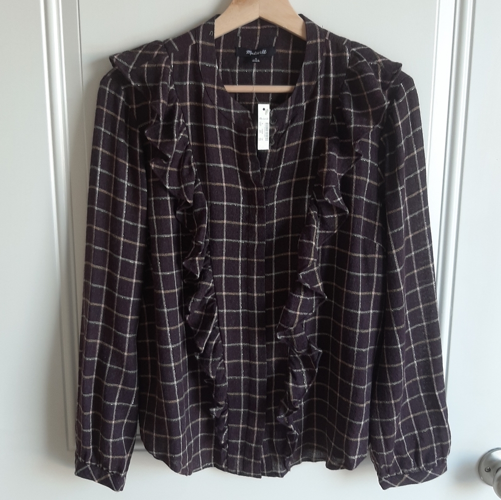 NWT Madewell Plaid Ruffle Front Top Size Medium